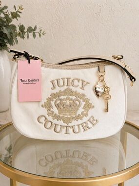 Juicy Couture Cream Embroidered Logo Shoulder Bag with Gold Charm